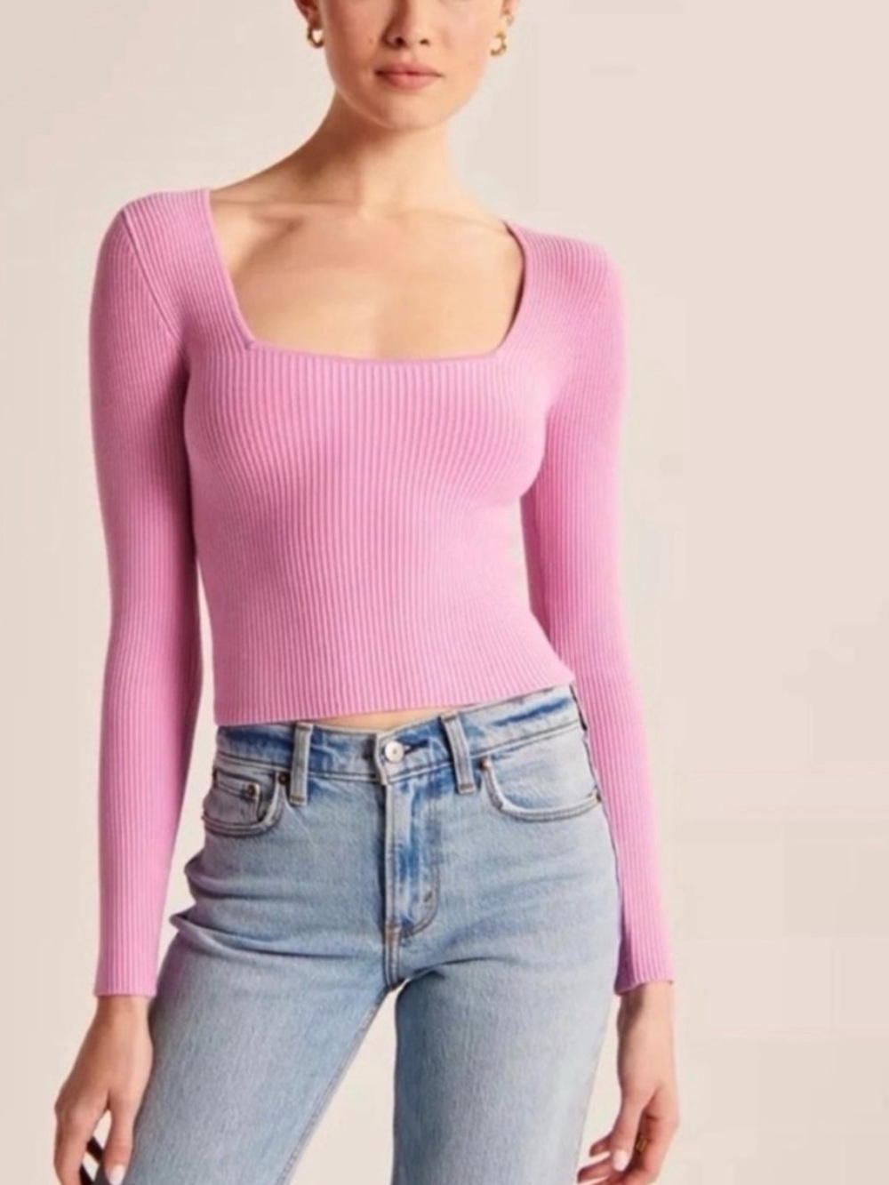 Abercrombie & Fitch Ottoman Ribbed Square Neck Long Sleeve in Pink